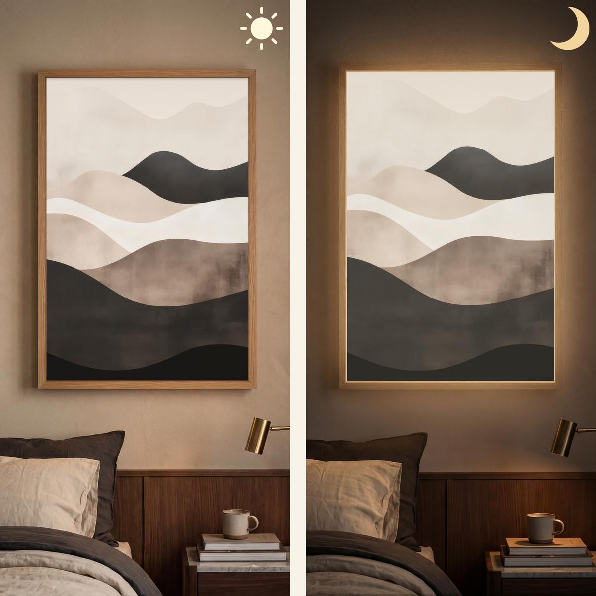 WANDLEUCHTE MIT AKKU Abstrakt - Landschaft - Wellen - Cremefarben 60x90 cm - Graubraun, Holzwerkstoff (60/90/8cm) - OnlyWow