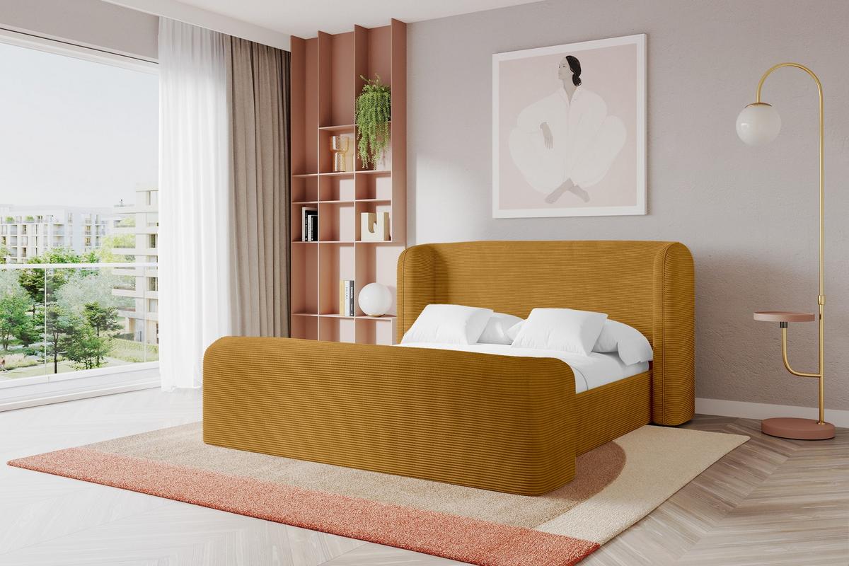 POLSTERBETT mit Bettkasten, Fußteil und Lattenrost, Bett mit Matratze H3/H4 - ESTI-Z 140x200 Senfgelb - Currygelb, Holzwerkstoff/Textil (140/200cm) - ALTDECOR