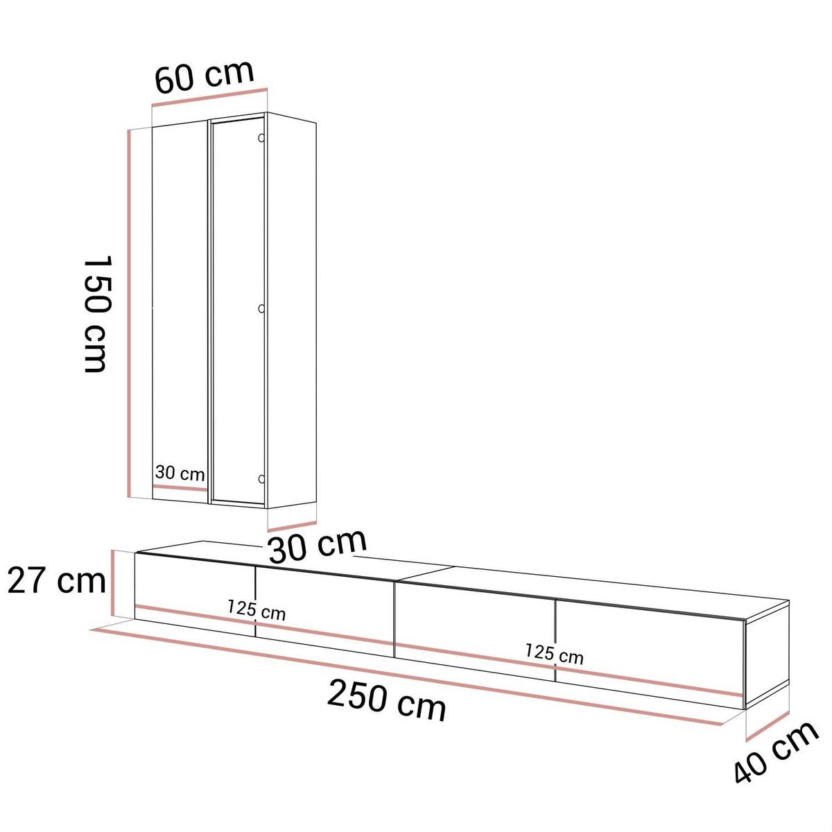 WOHNWAND CARMEN, hängend mit LED-Beleuchtung. - Kaschmir, Holzwerkstoff (250/27/40cm) - Lookway
