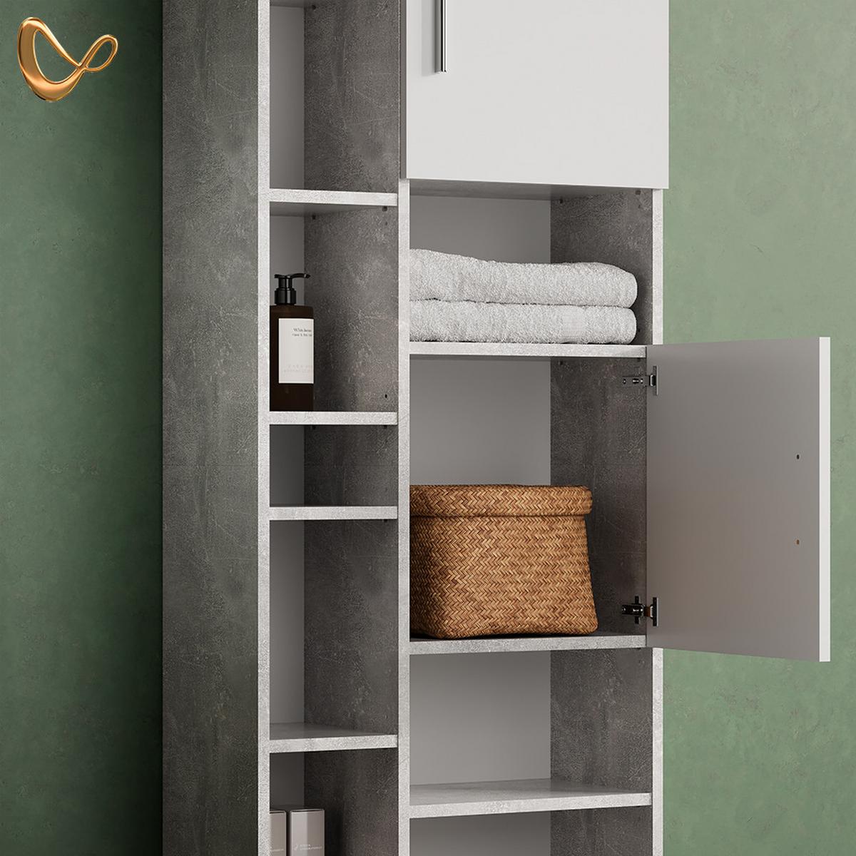 BADSCHRANK Eisak Beton 60 x 190 cm - Grau, Holzwerkstoff (60/190/30cm) - Livinity®
