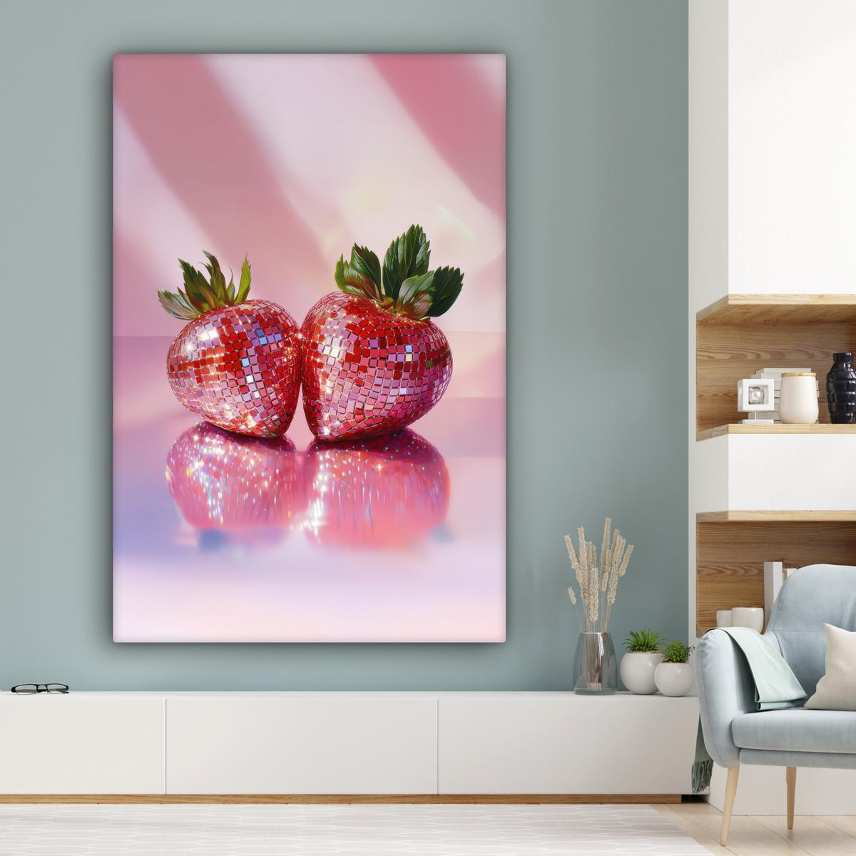 LEINWANDBILD Disco - Obst - Glitzer - Erdbeere Deko Groß 90x140 cm - Pink, Textil (90/140cm) - MuchoWow