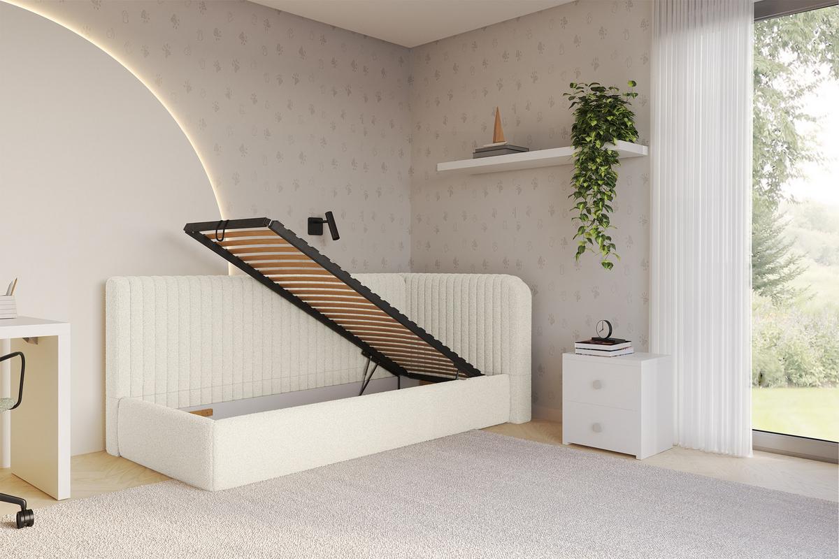 EINZELLBETT Jugendbett mit Bettkasten und Matratze H3/H4, Links - AURY 90x200 Beige - Champagner, Holzwerkstoff/Textil (90/200cm) - ALTDECOR