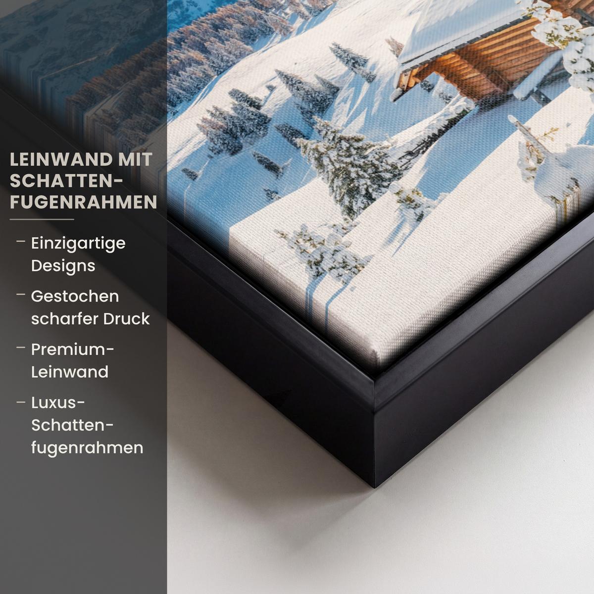 LEINWAND Bilder mit Rahmen - Winter - Hütte - Berge - Aussicht - Schnee - 30x20 - Eichefarben, Textil (30/20cm) - MuchoWow