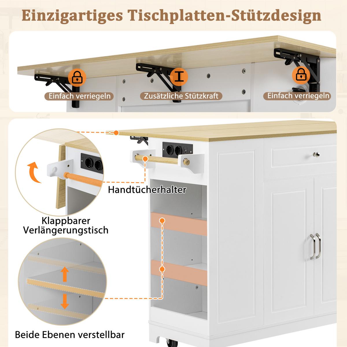 KÜCHENINSEL Mobile (132 cm) in Weiß/Natur mit Mülleimer-Auszug - Weiß, Holzwerkstoff (132/93/40cm) - Urban Meuble