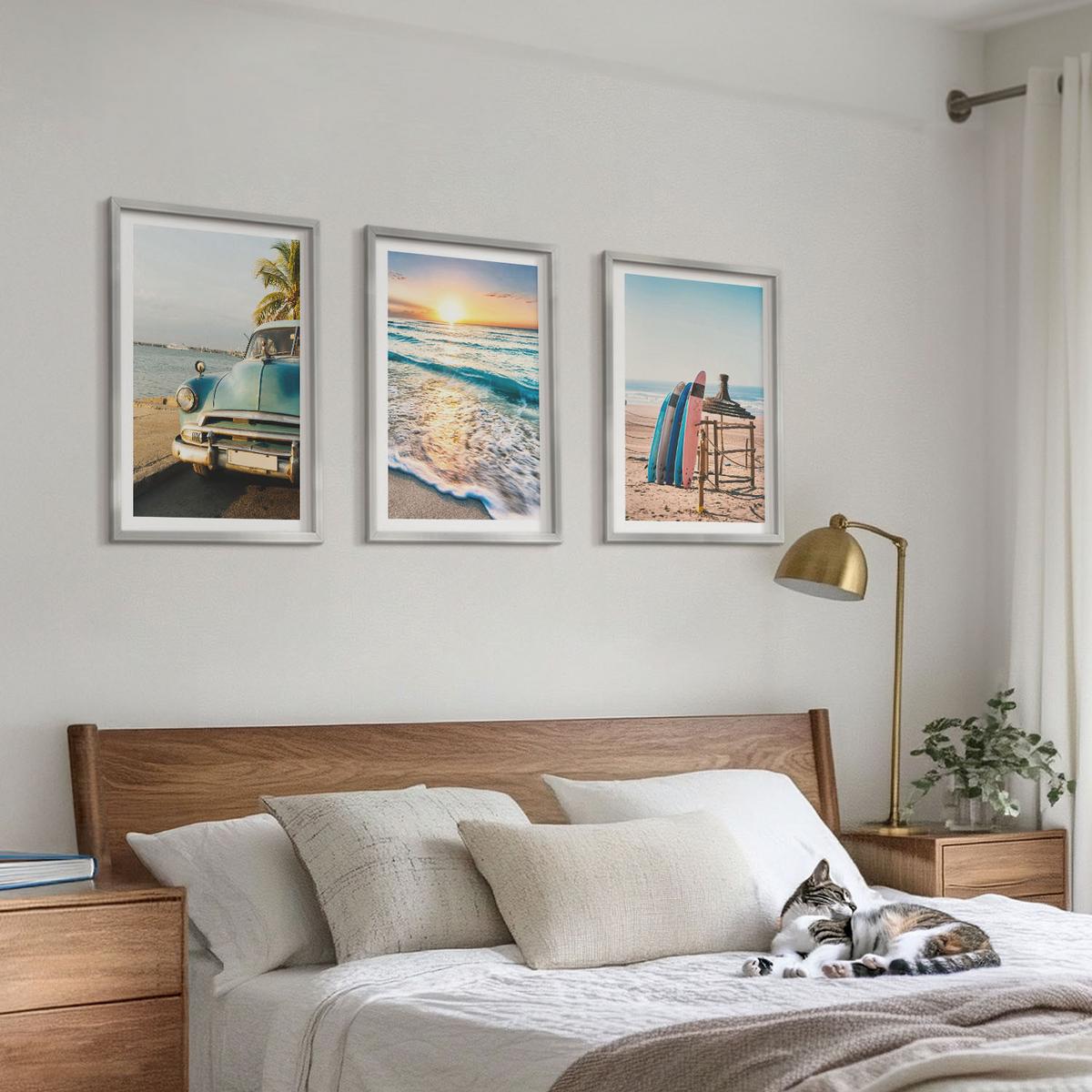 BILDER SET 3er Set - 40x60 cm Silberner Rahmen - Sonnenuntergangsurlaub in Miami - Silberfarben, Kunststoff (40/60cm) - TULUP