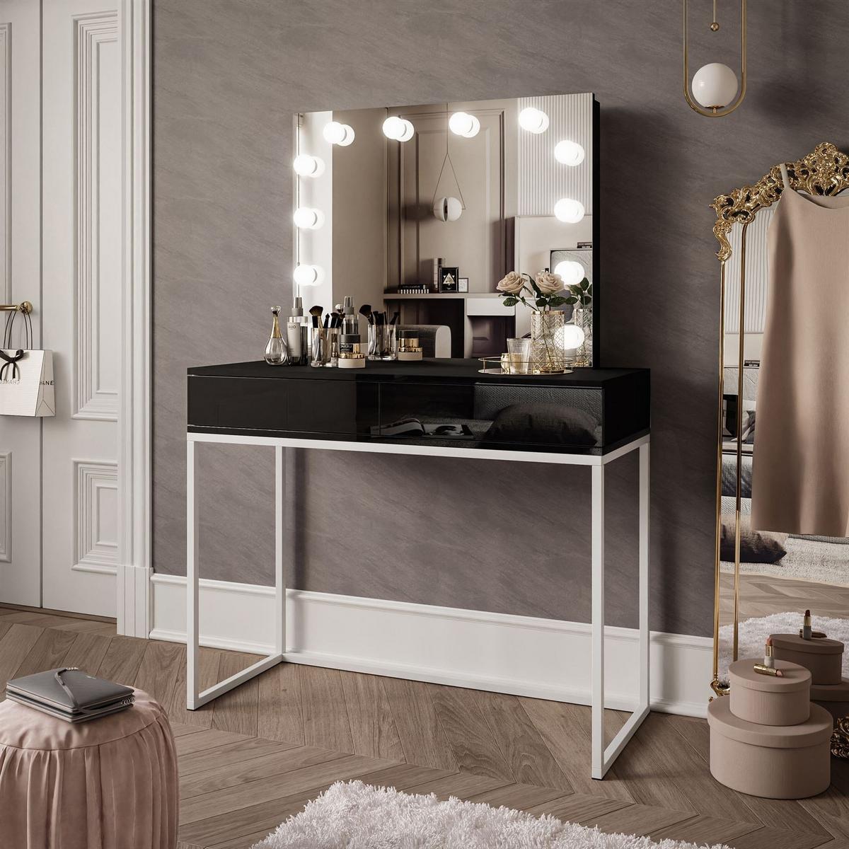 SCHMINKTISCH BLANCO LOFT ELITE mit Spiegel und Beleuchtung Schwarz Hochglanz PUSH OPEN - Schwarz Hochglanz/Silberfarben, Holzwerkstoff (100/146/42cm) - Lookway