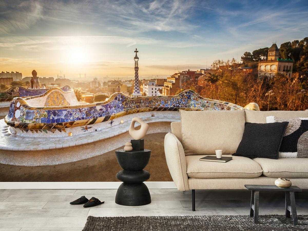FOTOTAPETE für Wohnzimmer Sonnenaufgang Barcelona Denkmäler 300x210 - Gelb/Beige, Papier (300/210cm) - Muralo