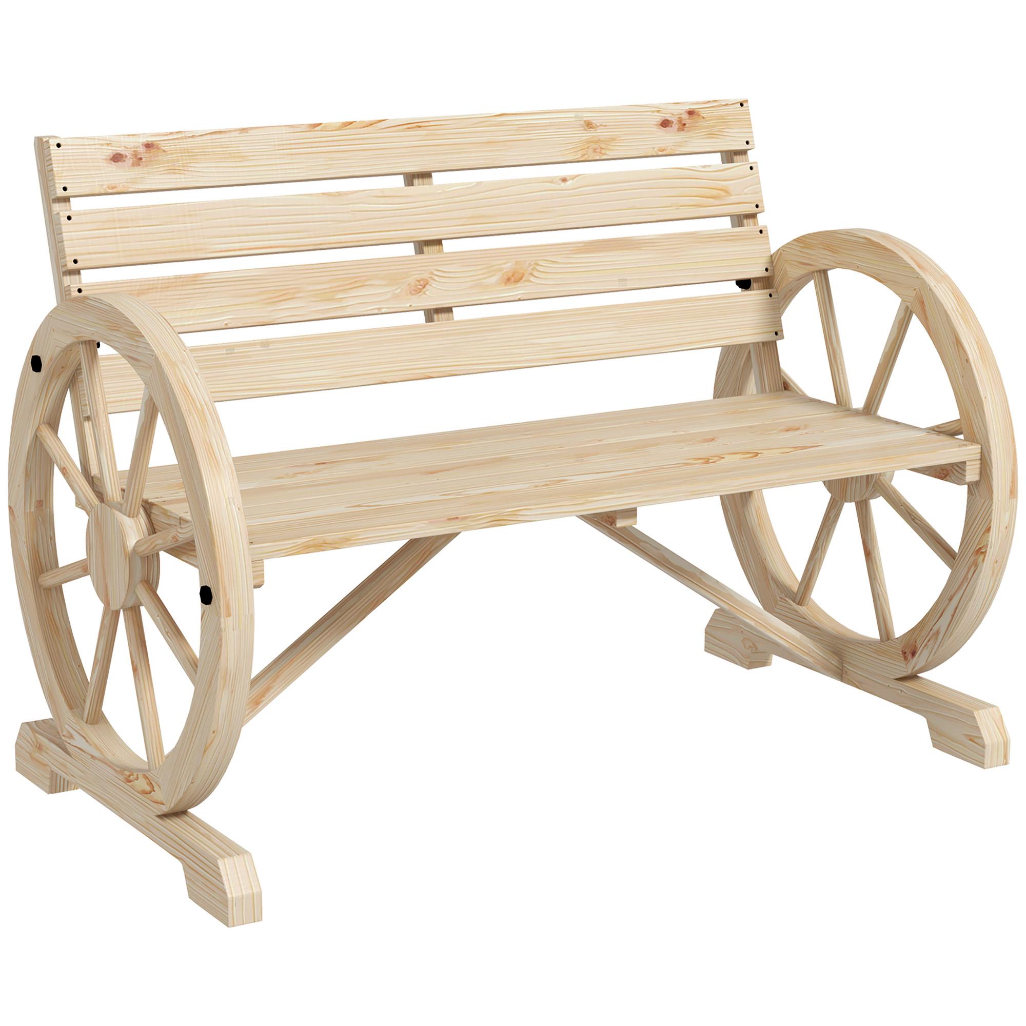 2ER-GARTENBANK Sitzbank Wagenrad-Design rustikale Holzbank für 2 Personen - Naturfarben, Holz (56/79/105.5cm) - Outsunny