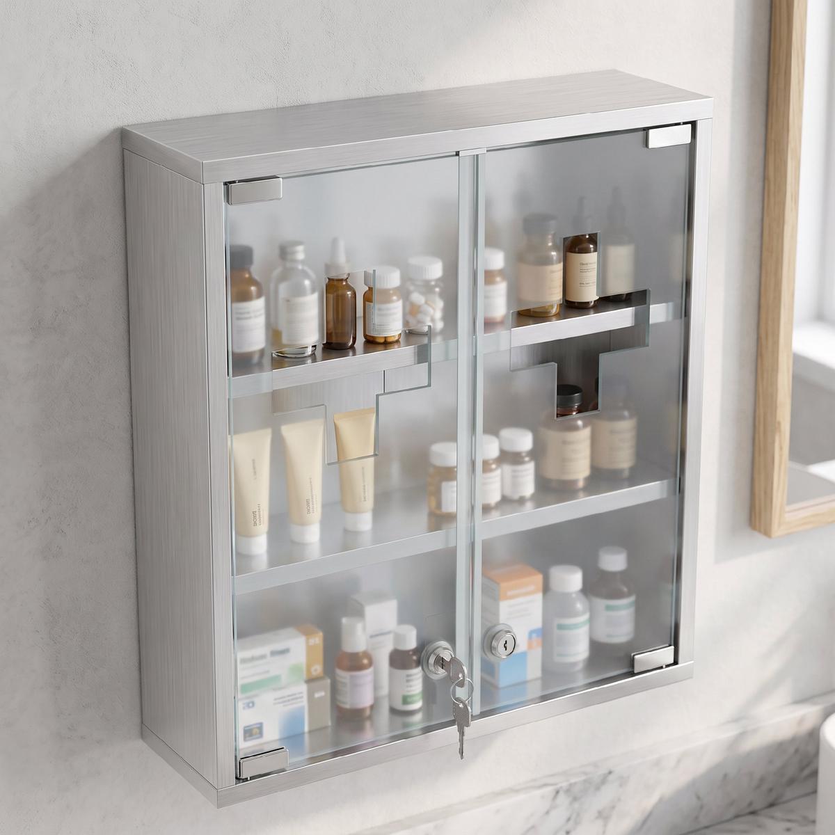 MEDIZINSCHRANK Edelstahl 430 gehärtetes Glas Silber - Silberfarben, Metall (12/48/46cm) - HOMCOM
