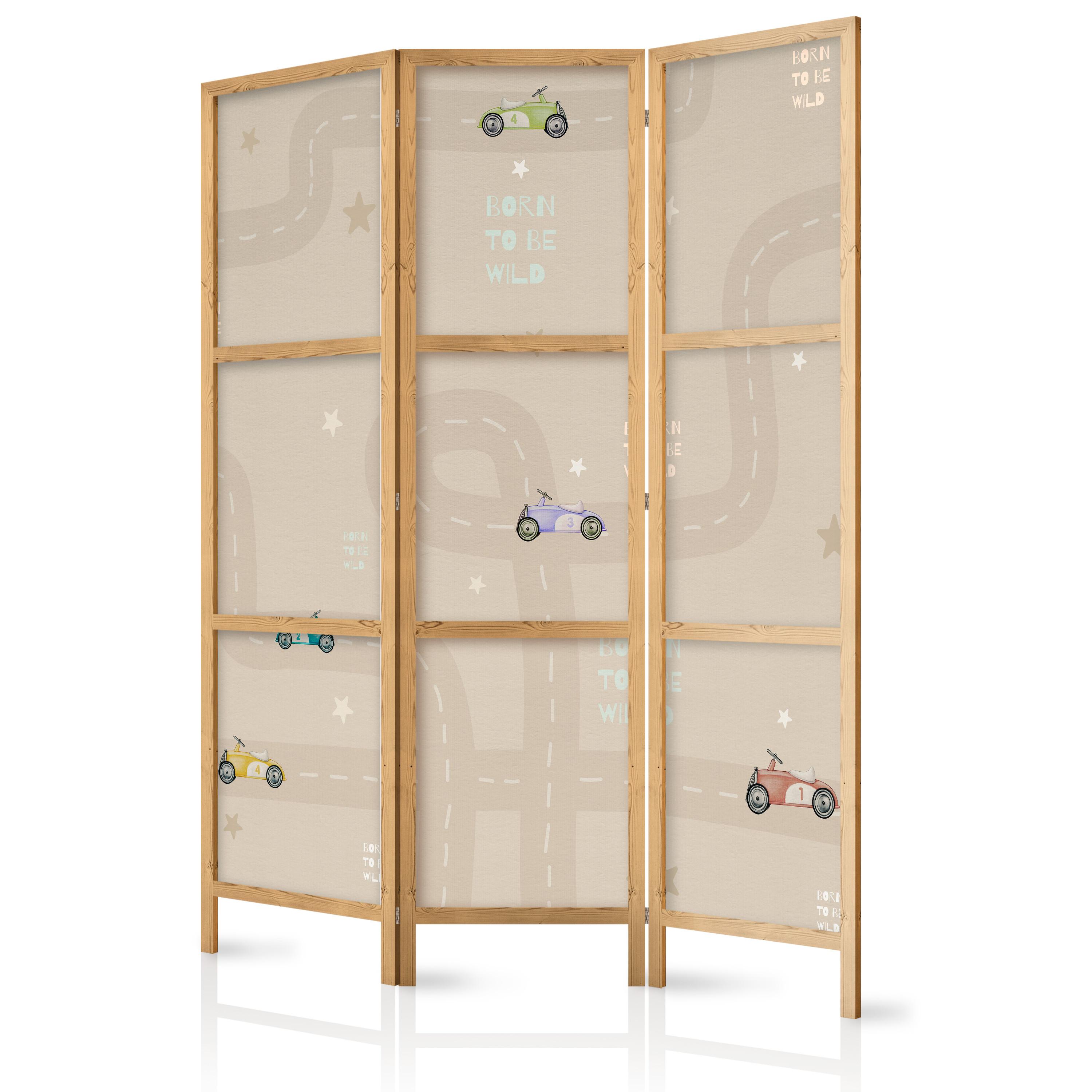 PARAVENT Japanischer 3-tlg 135x172 cm Retro Autos f r Kinder - Beige, Holz/Textil (135/172/3cm) - Muralo
