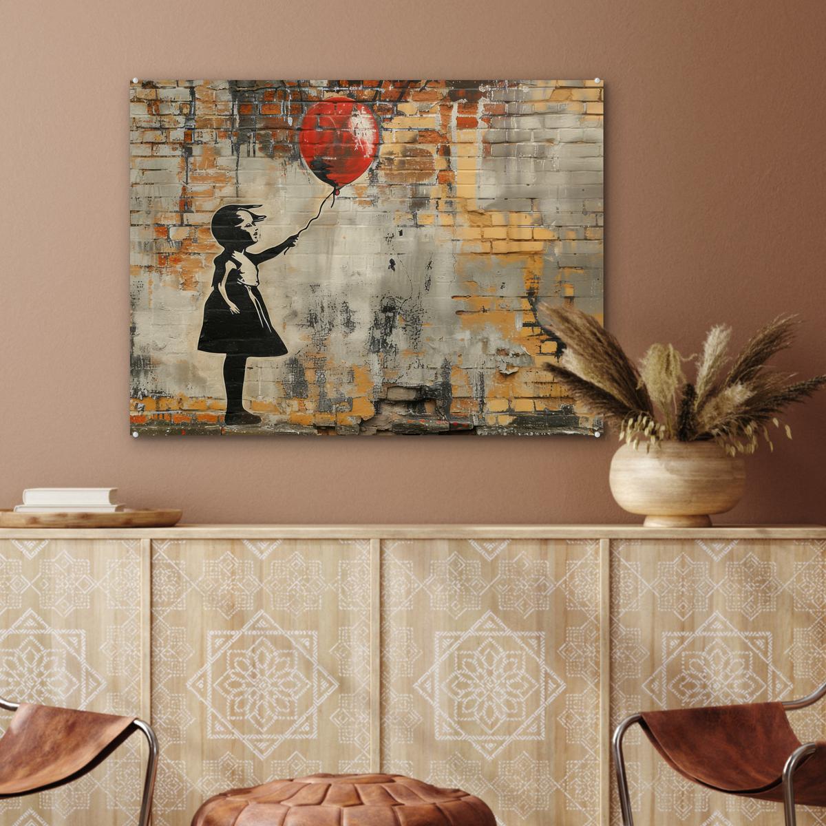 ACRYLGLASBILD Graffiti - Banksy - Mädchen - Straßenkunst 80x60 cm - Sandfarben, Glas (80/60cm) - MuchoWow