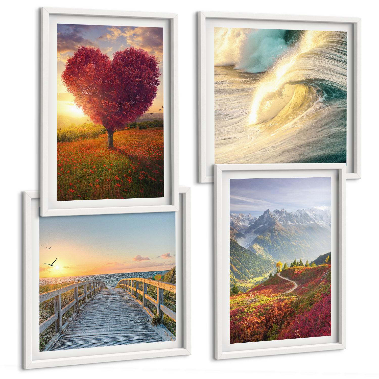 BILDER SET 4er Set - 50x50 cm & 40x60 cm Weißer Rahmen - Landschaften Berge Wellen Baum Herz Pier - Weiß, Kunststoff (50/50cm) - TULUP