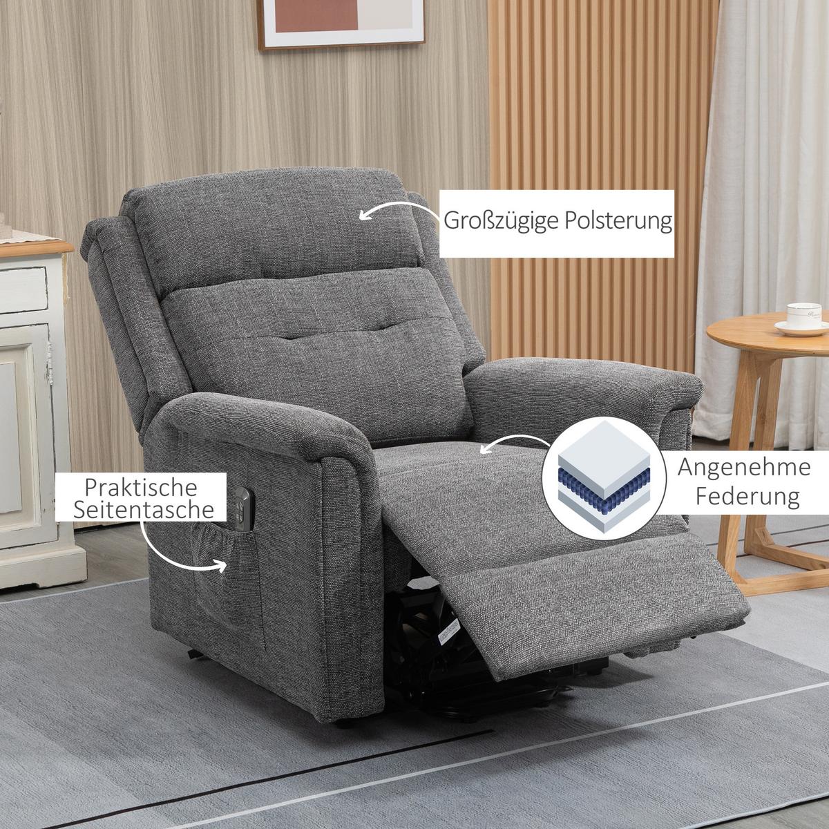 FERNSEHSESSEL mit Aufstehhilfe, Grau - Schwarz/Grau, Textil/Metall (87/108/92cm) - HOMCOM