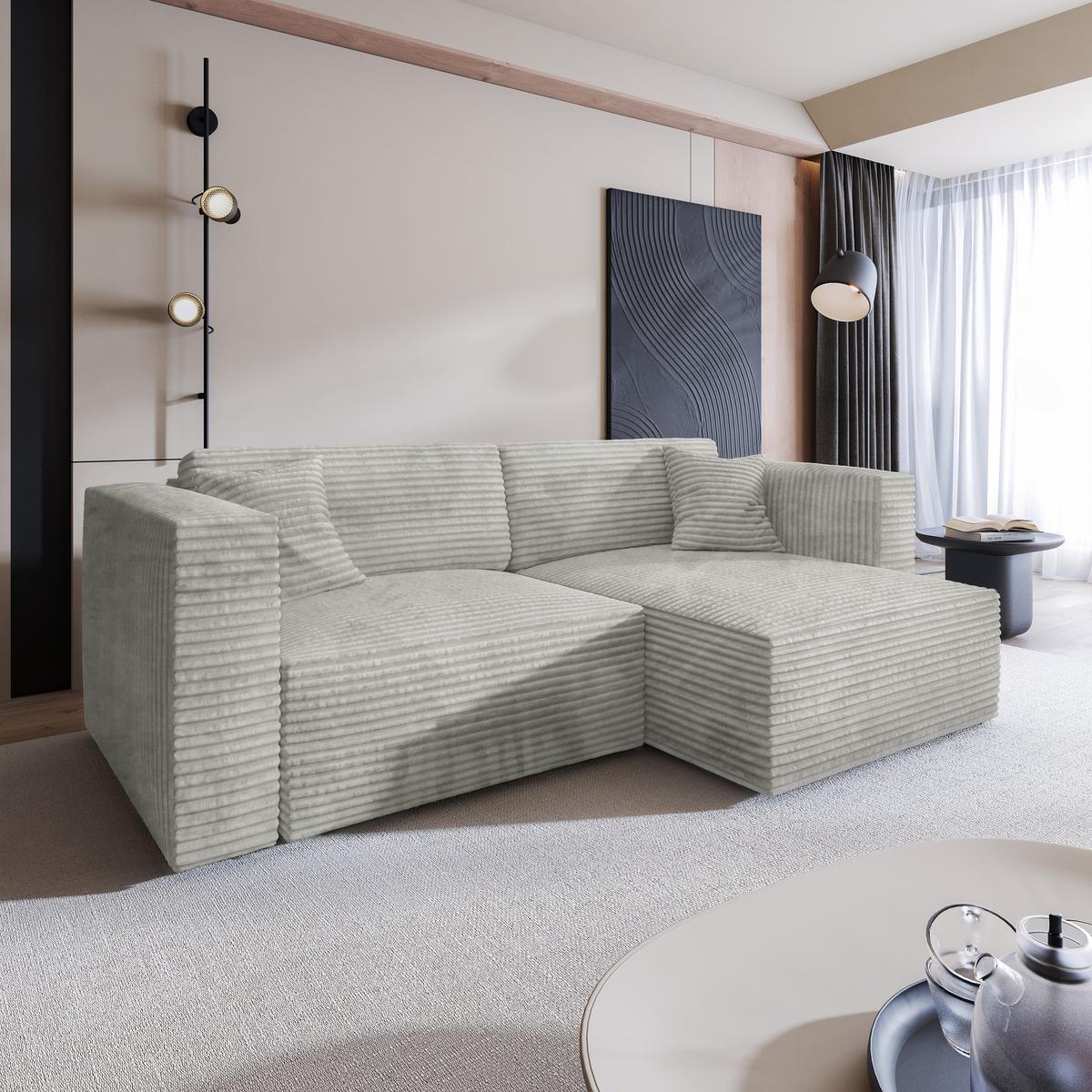 ECKSOFA NERIO Hellgrau Kordstoff mit Schlaffunktion - Hellgrau, Holz (245/148cm) - MASSENO