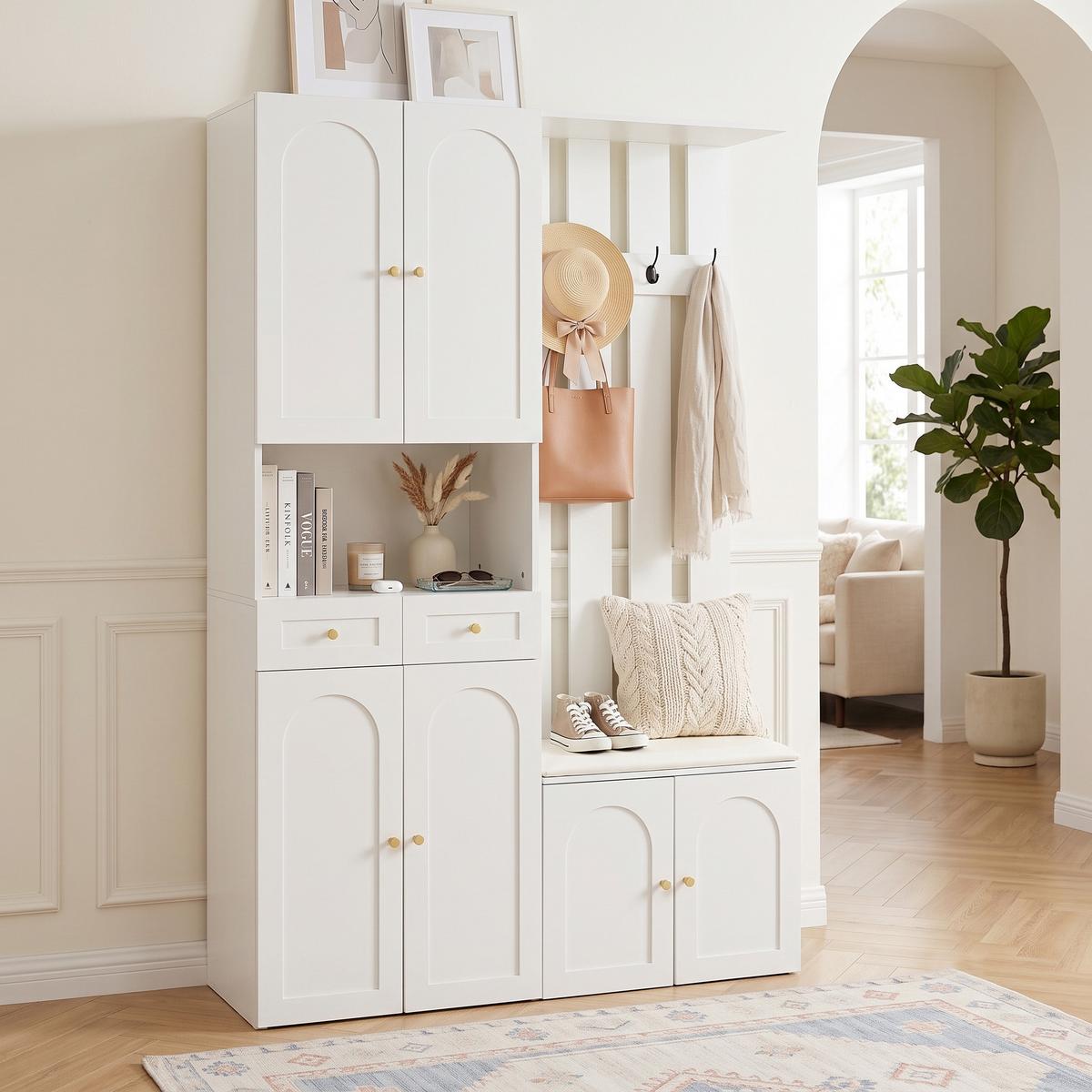 KLEIDERSCHRANK Wandgarderobe mit Schuhbank, 4 Haken, 6 Türen, 2 Schubladen, Weiß - Weiß, Holzwerkstoff (110/180/37cm) - Urban Meuble