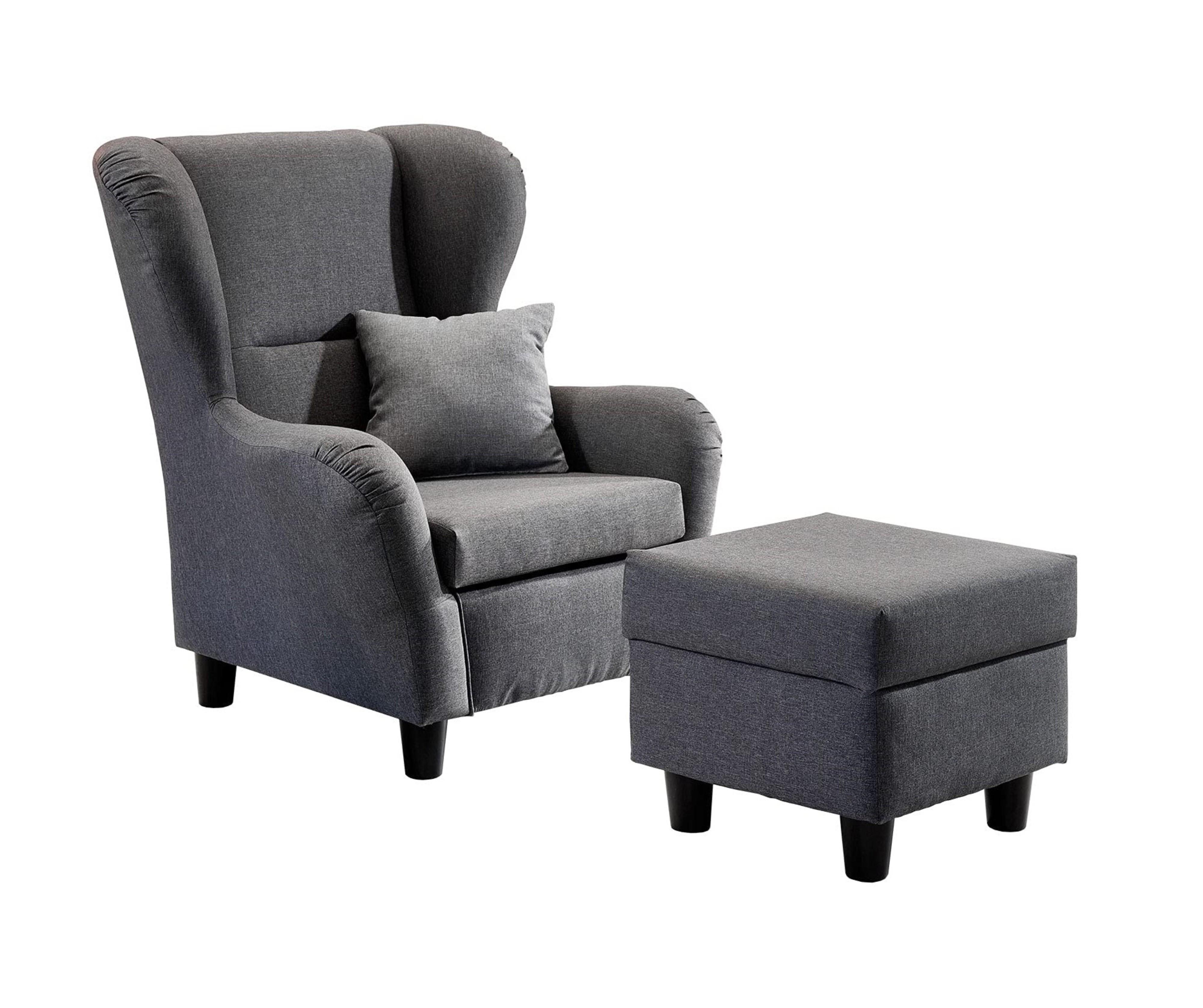 OHRENSESSEL mit HOCKER, hoher Sitzkomfort durch Wellenunterfederung B90/H98/T76 cm, Strukturstoff Grau / 18001 - Schwarz/Grau, Holz/Textil (90/98/76cm) - luma-home