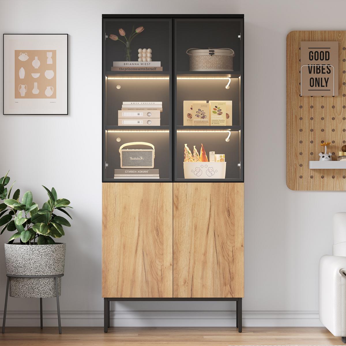 HIGHBOARD mit Glasvitrine LED-Beleuchtung 80/35/180cm - Schwarz, Holzwerkstoff (80/180/35cm) - Urban Meuble