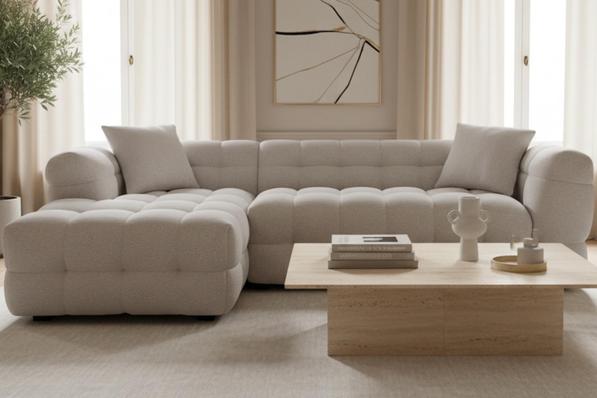 Bubblesofa in Beige, rechteckiger Couchtisch aus Holz