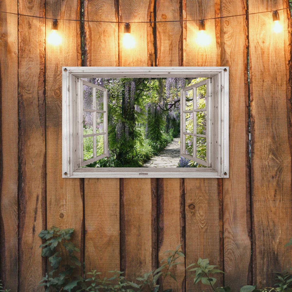 GARTENPOSTER Blauer Regen - Blumen - Aussicht - Baum - Frühling Gartendeko 90x60 cm - Beige, Kunststoff (90/60/0.2cm) - OnlyWow