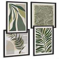 BILDER SET 4er Set - 50x50 cm & 40x60 cm Schwarzer Rahmen - Blätter, Wellen – Pastellillustrationen - Schwarz, Kunststoff (50/50cm) - TULUP