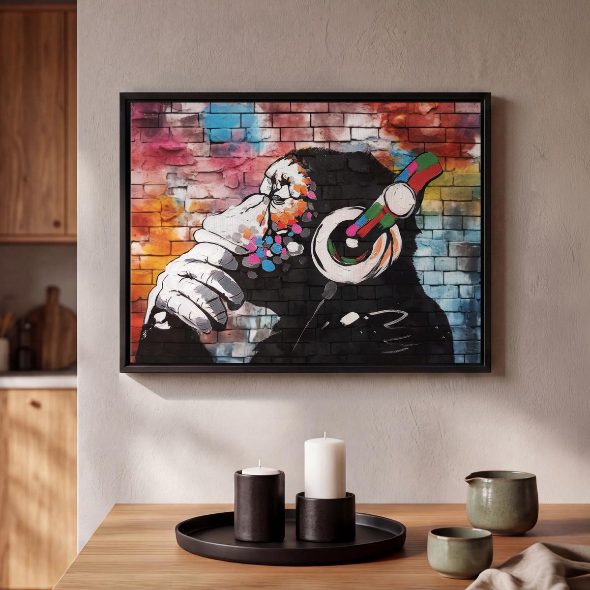 LEINWAND Bilder mit Rahmen - Affe - Graffiti - Musik - 40x30 - Multicolor, Textil (40/30cm) - MuchoWow
