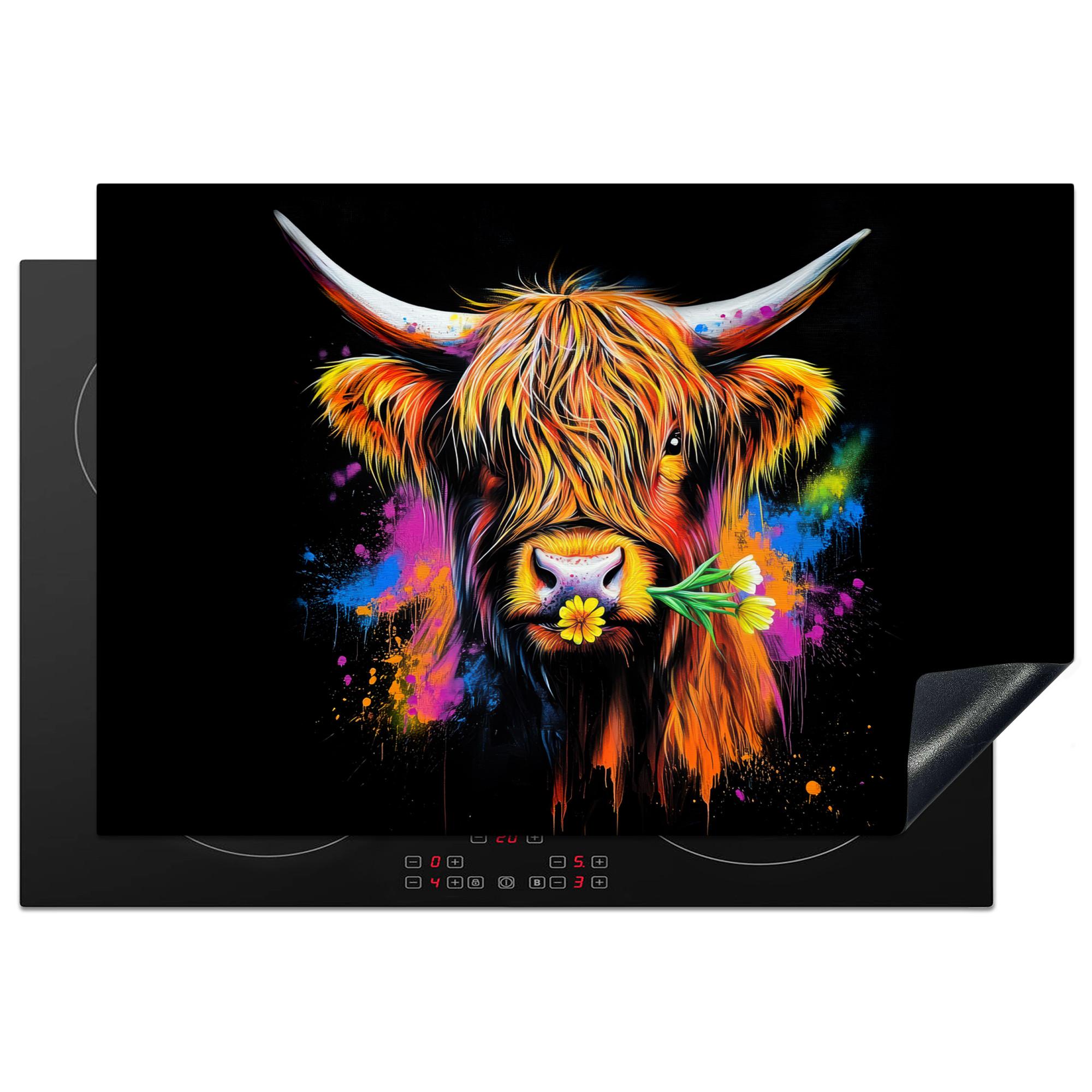 HERDABDECKPLATTE Schottischer Highlander - Graffiti - Bunt - Blume - Tiere Ceranfeldabdeckung 78x52 cm - Multicolor, Kunststoff (78/52/0.2cm) - MuchoWow