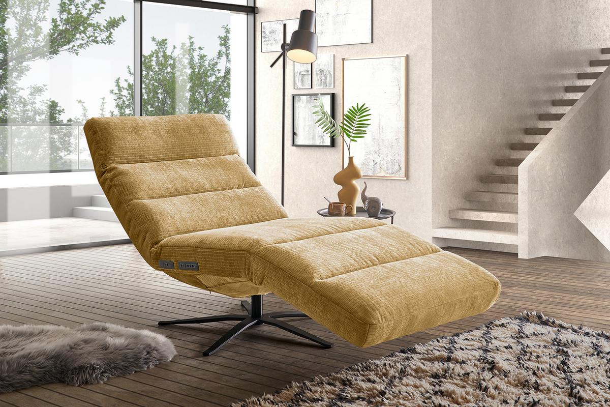 RELAXLIEGE ALINA Gelb Cord Relaxfunktion, Drehbar (360°) - Gelb/Schwarz, Textil/Metall (82/115/156cm) - KAWOLA