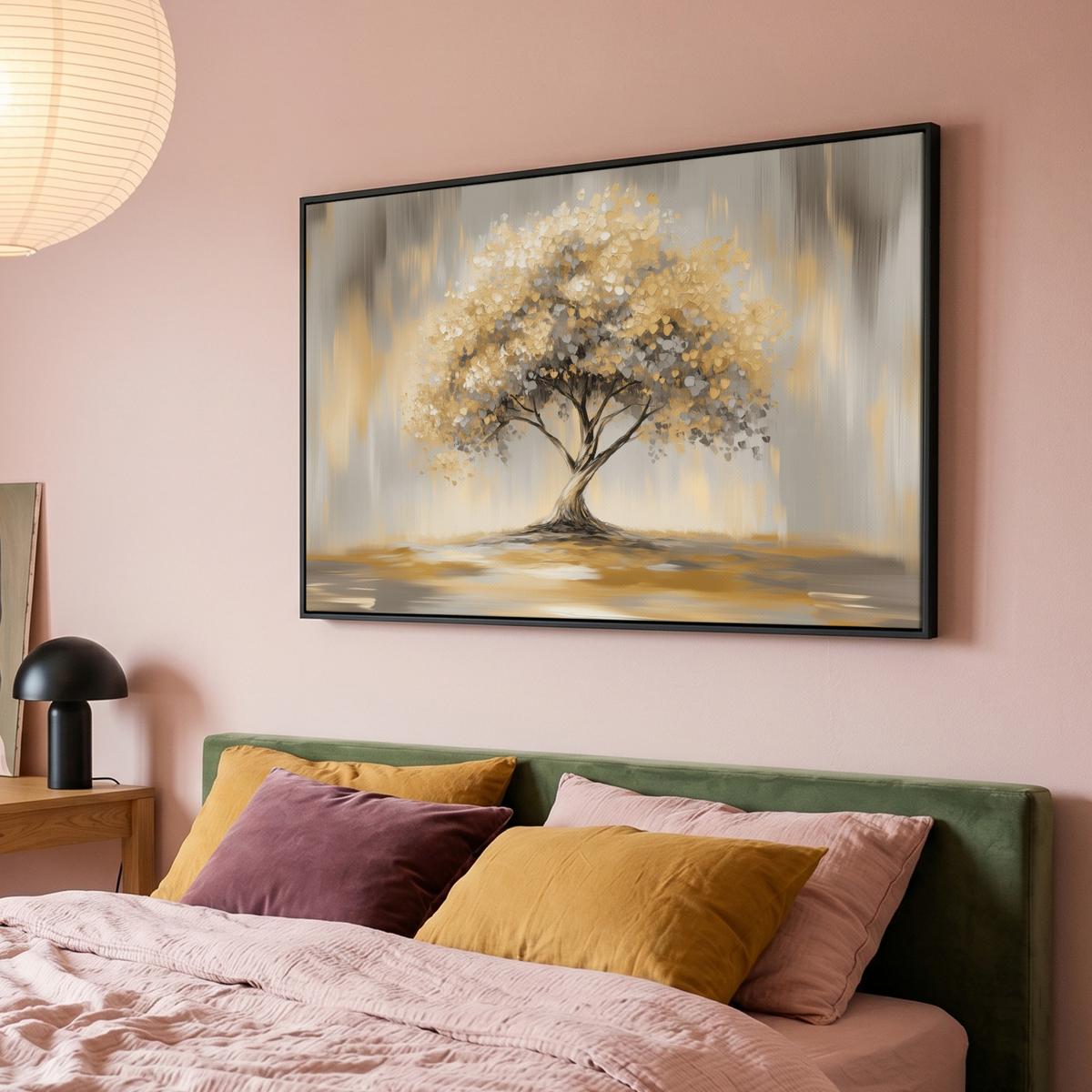 LEINWAND Bilder mit Rahmen - Gemälde - Baum - Abstrakt - Blätter - 140x90 - Beige, Textil (140/90cm) - MuchoWow