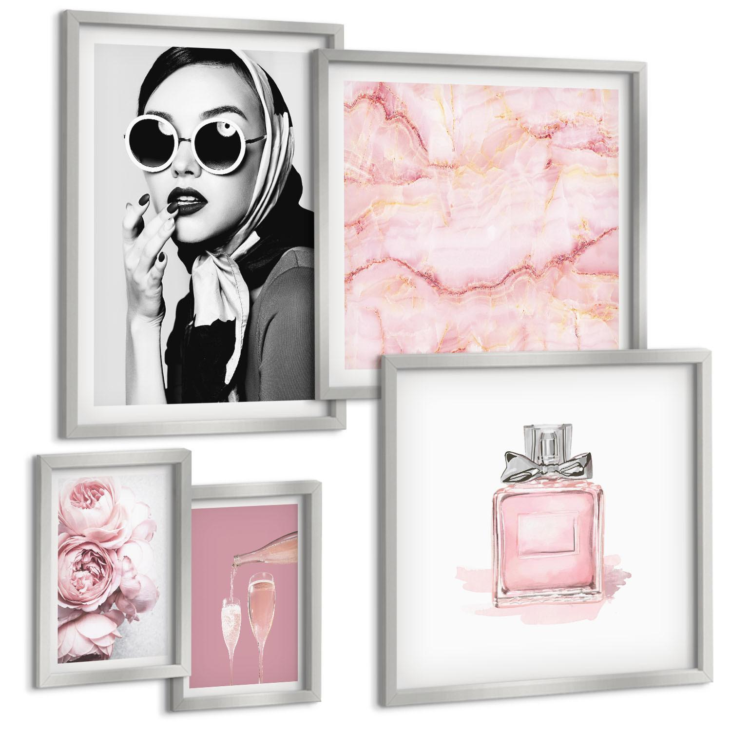 BILDER SET 5er Set - 50x50 cm & 20x30 cm & 40x60 cm Silberner Rahmen - Stilvolle pinkfarbene Accessoires - Silberfarben, Kunststoff (40/60cm) - TULUP