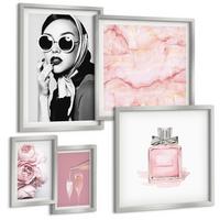 BILDER SET 5er Set - 50x50 cm & 20x30 cm & 40x60 cm Silberner Rahmen - Stilvolle pinkfarbene Accessoires - Silberfarben, Kunststoff (40/60cm) - TULUP
