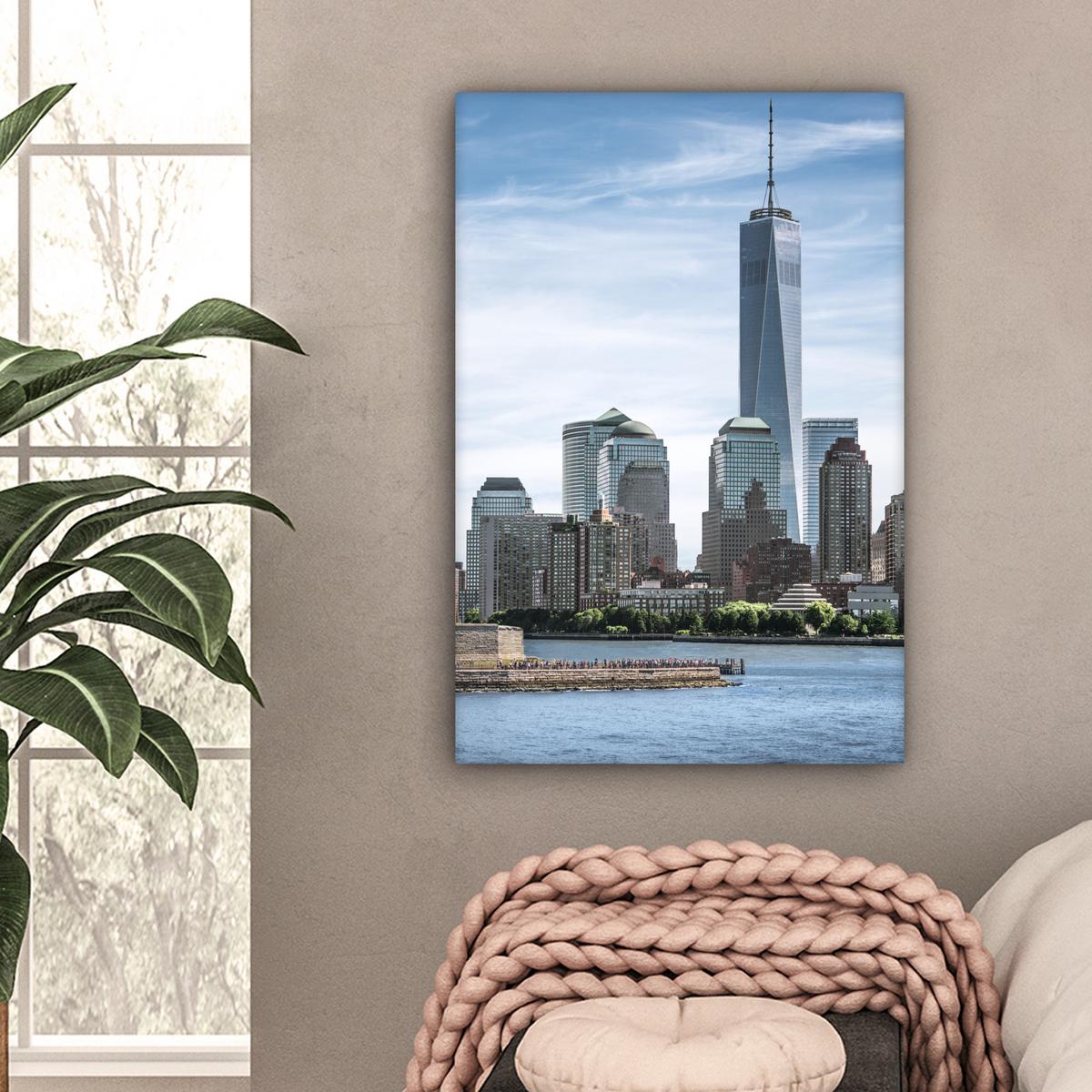 LEINWANDBILD New York - Freiheitsstatue - Wasser Wanddeko Schlafzimmer 60x90 cm - Hellblau, Textil (60/90cm) - MuchoWow