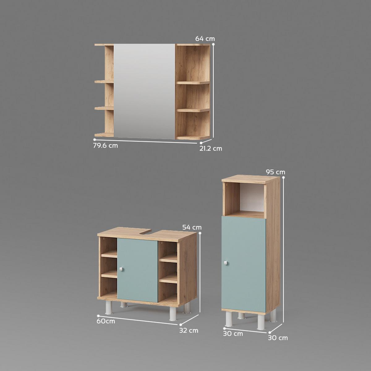 BADMÖBEL-SET Fucino Grün 3 Teile, mit Midischrank - Grün, Holzwerkstoff (60/54/32cm) - Livinity®