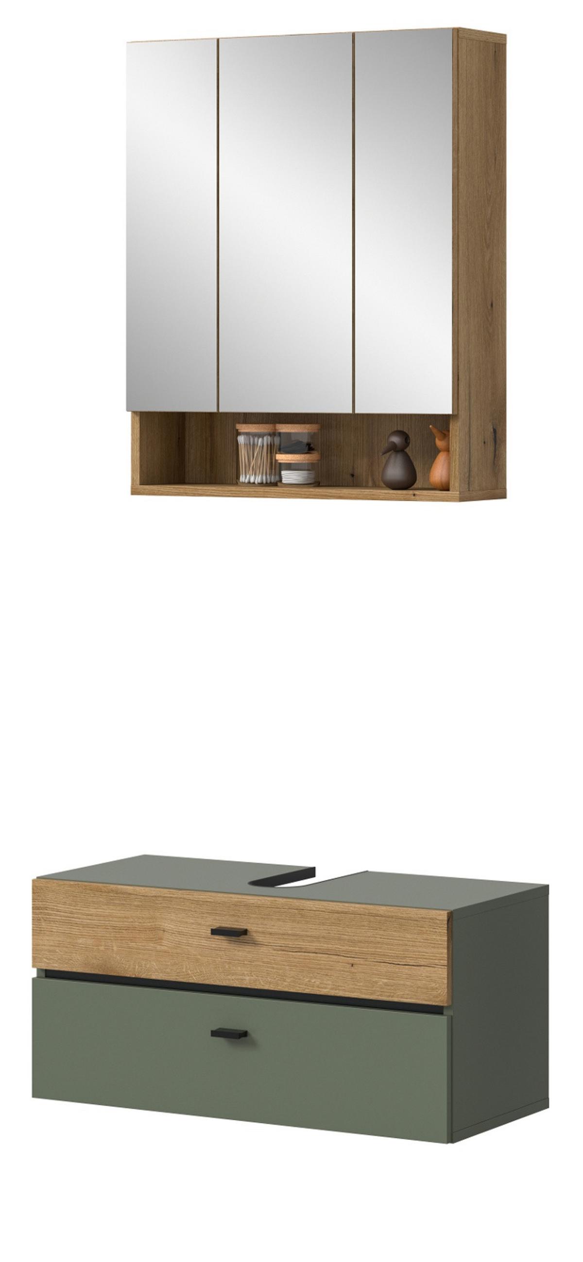 BADMÖBEL-SET grün, Evoke Eiche 2-teilig 75 cm, Badkombination in modernem Design - Eichefarben/Schwarz, Glas/Holzwerkstoff (75/191/35cm) - Inn.Furn