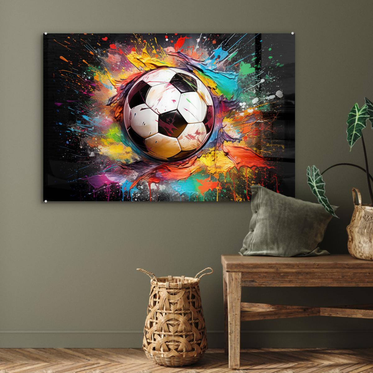 ACRYLGLASBILD Fußball - Farbe - Farben - Schwarz - Weiß Room Decor 90x60 cm - Weiß, Glas (90/60cm) - MuchoWow