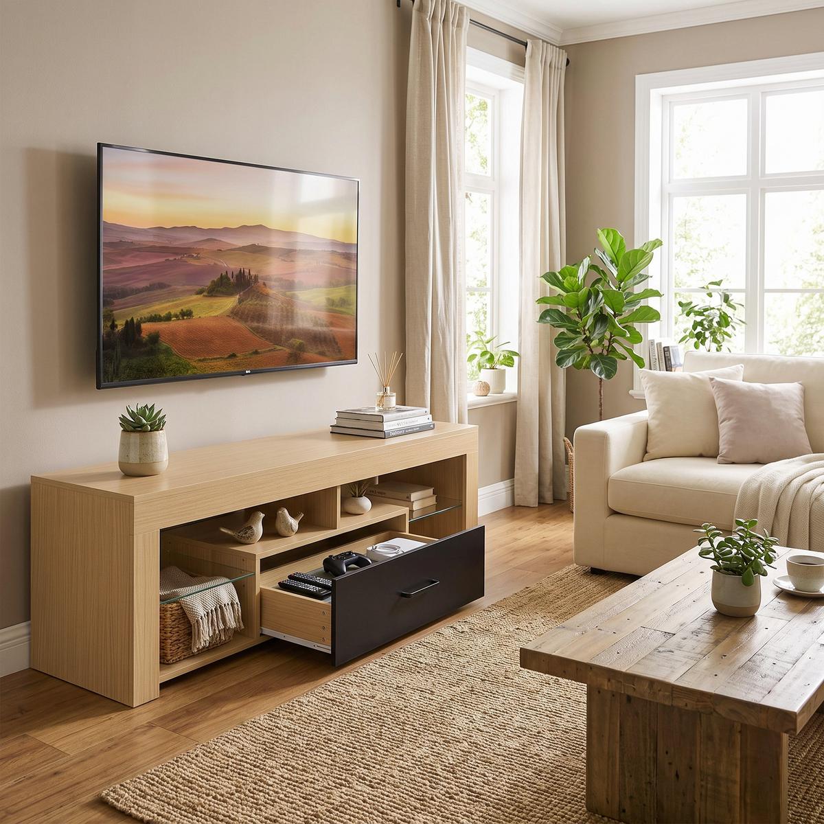 TV-LOWBOARD Spanplatte Glas Eiche - Eichefarben, Glas/Holzwerkstoff (40/45/140cm) - HOMCOM