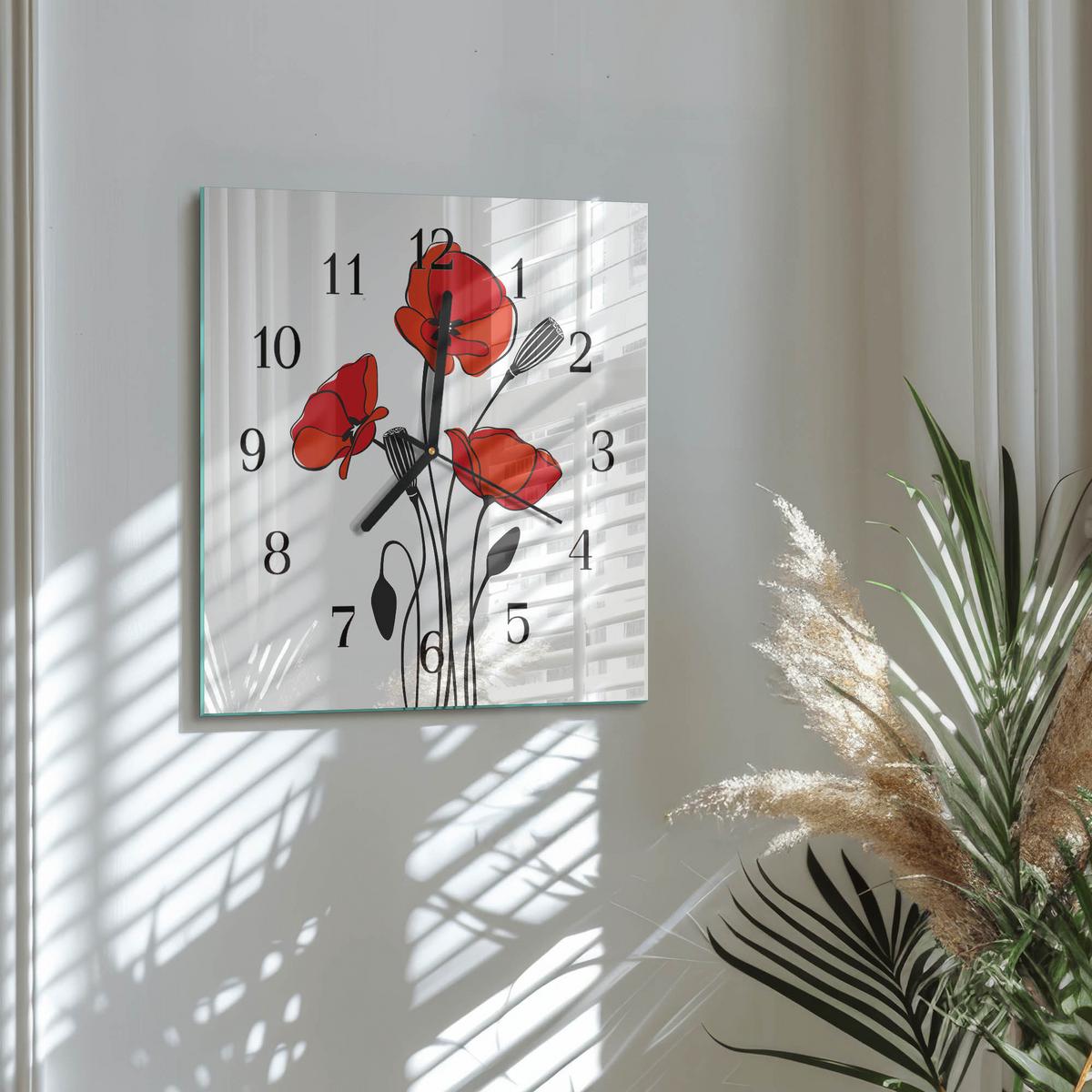 WANDUHR aus Glas 30x30 cm - Mohn - Rot, Glas (30/30/0.4cm) - TULUP