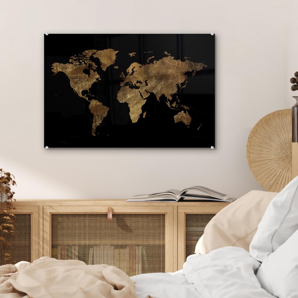 ACRYLGLASBILD Weltkarte - Gold - Luxus - Erde - Schwarz Wanddeko 60x40 cm - Goldfarben, Glas (60/40cm) - MuchoWow