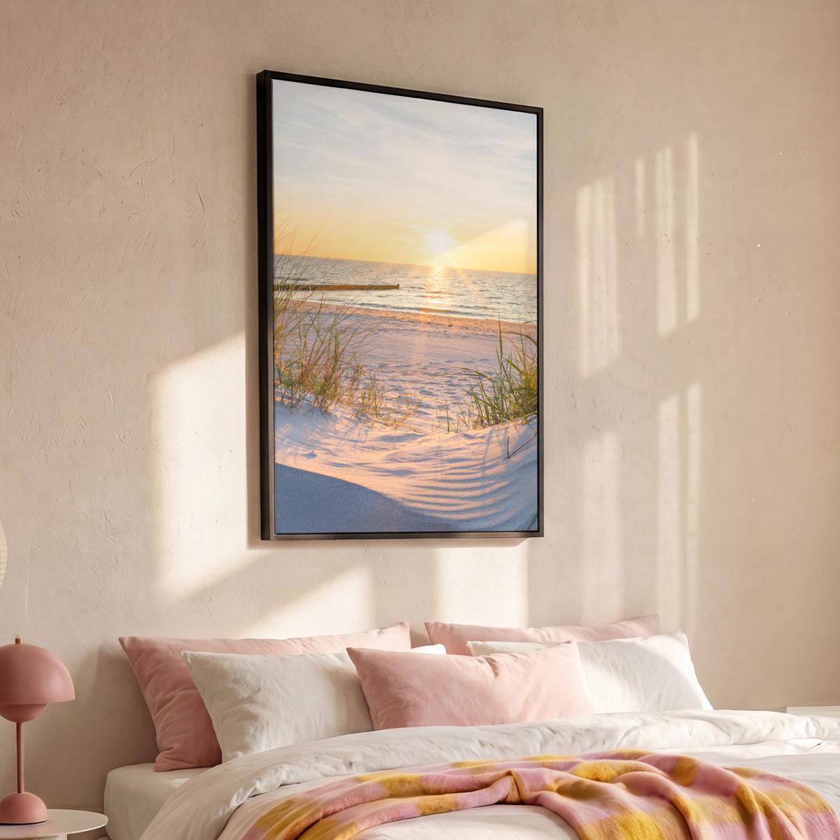 LEINWAND Bilder mit Rahmen - Strand - Sonne - Düne - Gras - Sand - Horizont - 90x140 - Hellblau, Textil (90/140cm) - MuchoWow