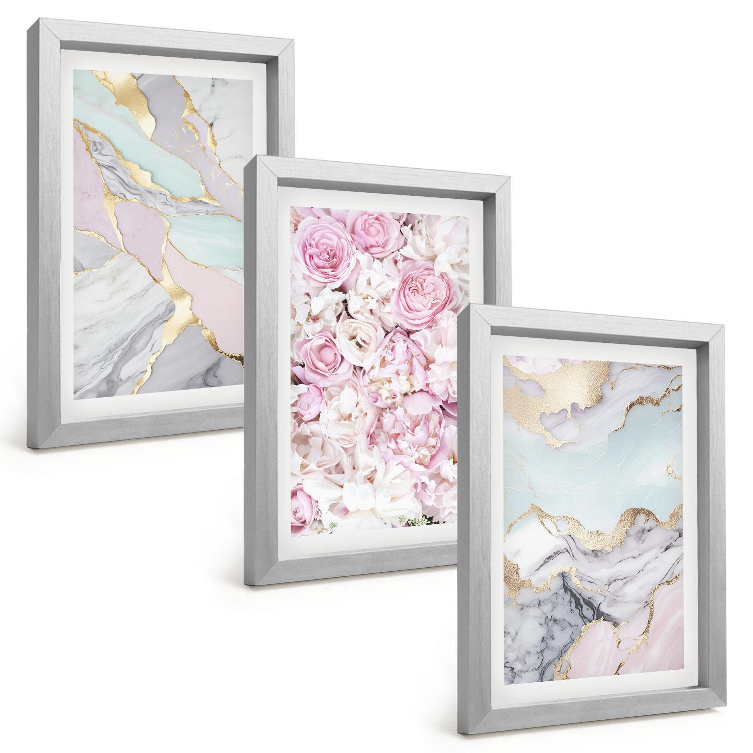 BILDER SET 3er Set - 20x30 cm Silberner Rahmen - Rosa Blumen Marmor Pastell - Silberfarben, Kunststoff (20/30cm) - TULUP
