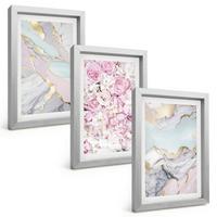BILDER SET 3er Set - 20x30 cm Silberner Rahmen - Rosa Blumen Marmor Pastell - Silberfarben, Kunststoff (20/30cm) - TULUP