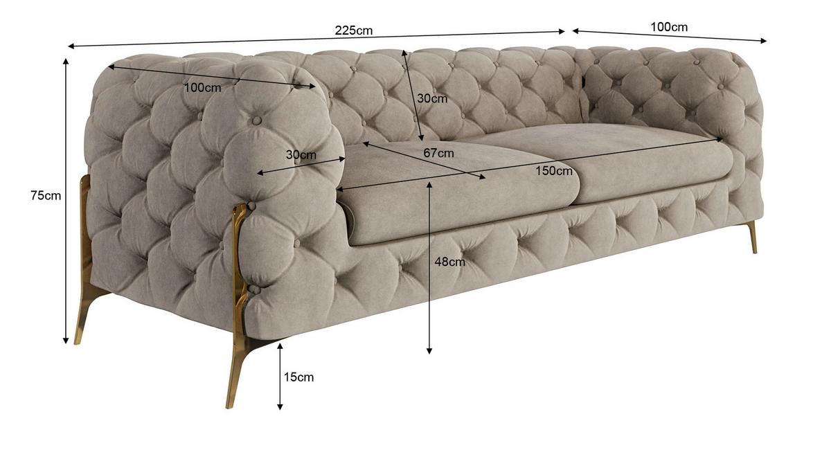 CHESTERFIELD-SOFA 3-Sitzer Lexi Dunkle Creme Samt - Goldfarben/Creme, Holz/Textil (225/75/100cm) - S-Style Möbel