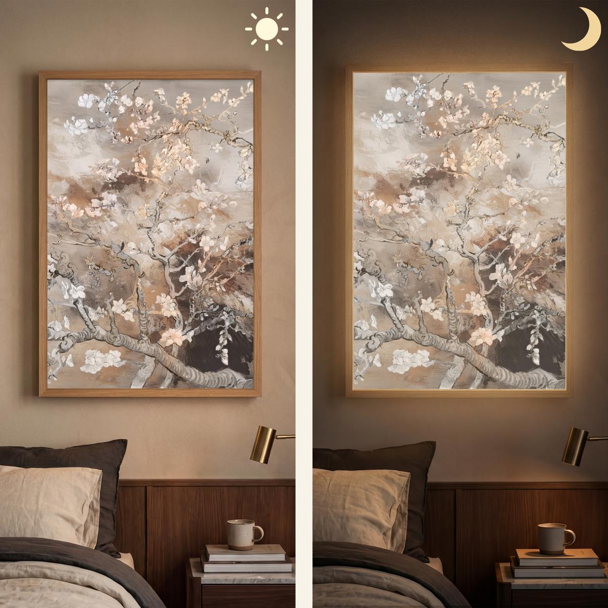 WANDLEUCHTE MIT AKKU Mandelblüte - Kunst - Van Gogh - Beige - Abstrakt 60x90 cm - Graubraun, Holzwerkstoff (60/90/8cm) - OnlyWow
