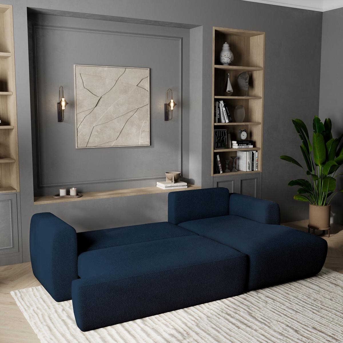 ECKSOFA SENTI N R-S Blau Boucle-Stoff mit Schlaffunktion - Blau/Schwarz, Holz/Kunststoff (246/148cm) - MASSENO