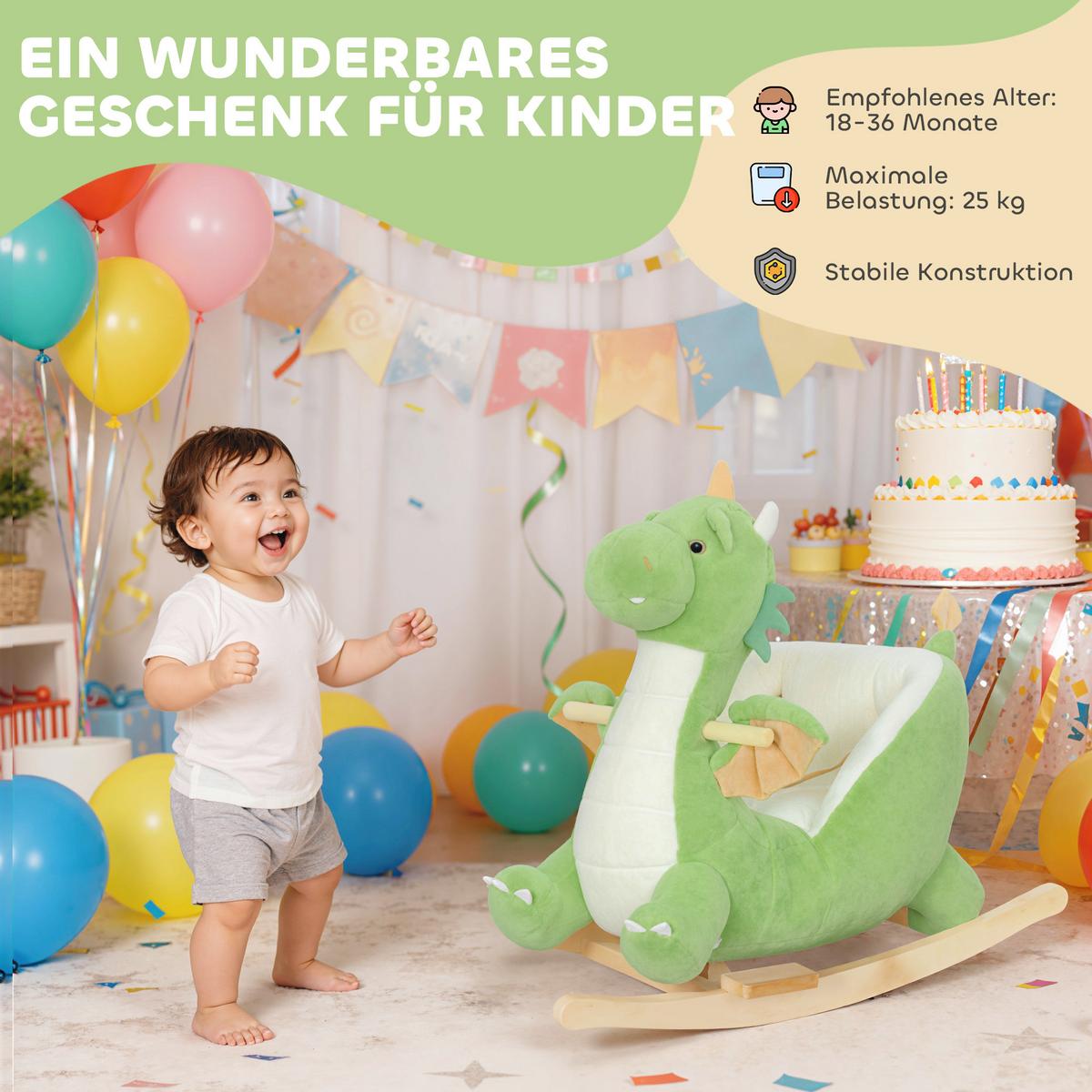 SCHAUKELTIER Dinosaurier-Schaukel interaktive Tiergeräusche weiche Füllung Grün - Grün, Textil (39/66/73cm) - AIYAPLAY
