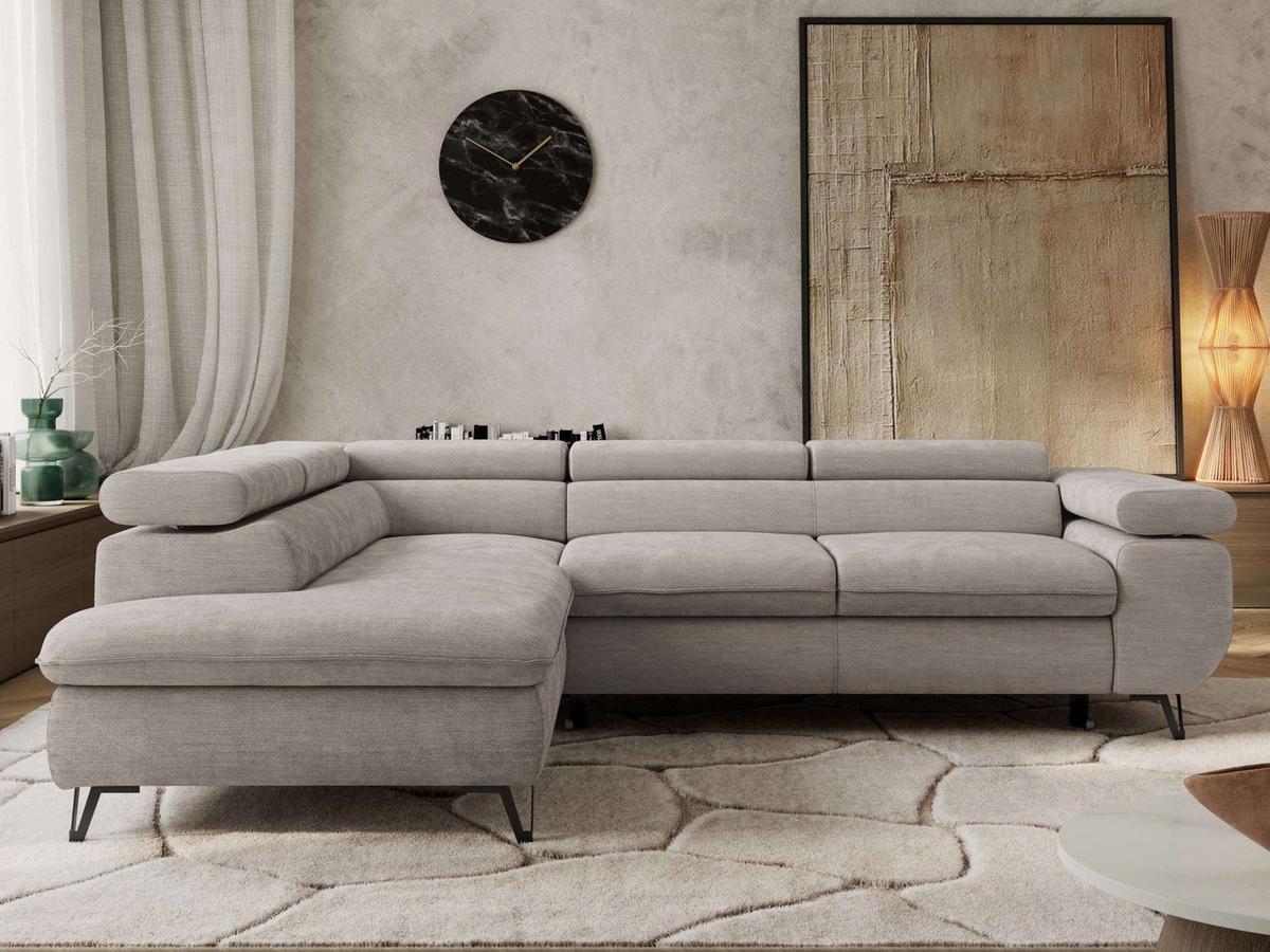 ECKSOFA PABLO L Hellgrau Schenille glatt - Links Seite mit T25 Topper - Hellgrau/Schwarz, Textil/Metall (208/273cm) - MKS