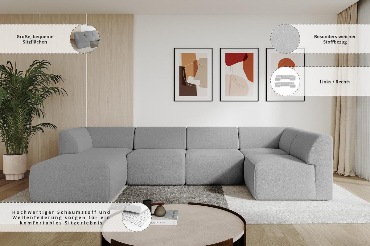WOHNLANDSCHAFT Ottomane Links MOVO-L 345x180x78 cm Hellgrau Bouclé - Anthrazit, Holzwerkstoff/Kunststoff (345/78/180cm) - ALTDECOR