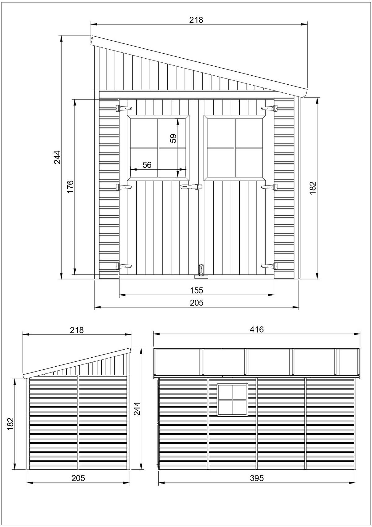 HOLZ-GARTENHAUS (mit Seitenwand) - H244x216x416 cm/8 m2 - M340A - Beige, Holz (218/244/395cm) - Timbela
