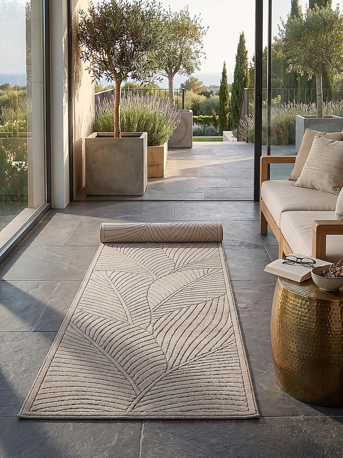 LÄUFER Outdoor, Fußbodenheizung-geeignet, mit Blattmotiv, ENGADIN in Beige, 80 x 150 cm - Beige, Textil (80/150cm) - KADIMA DESIGN