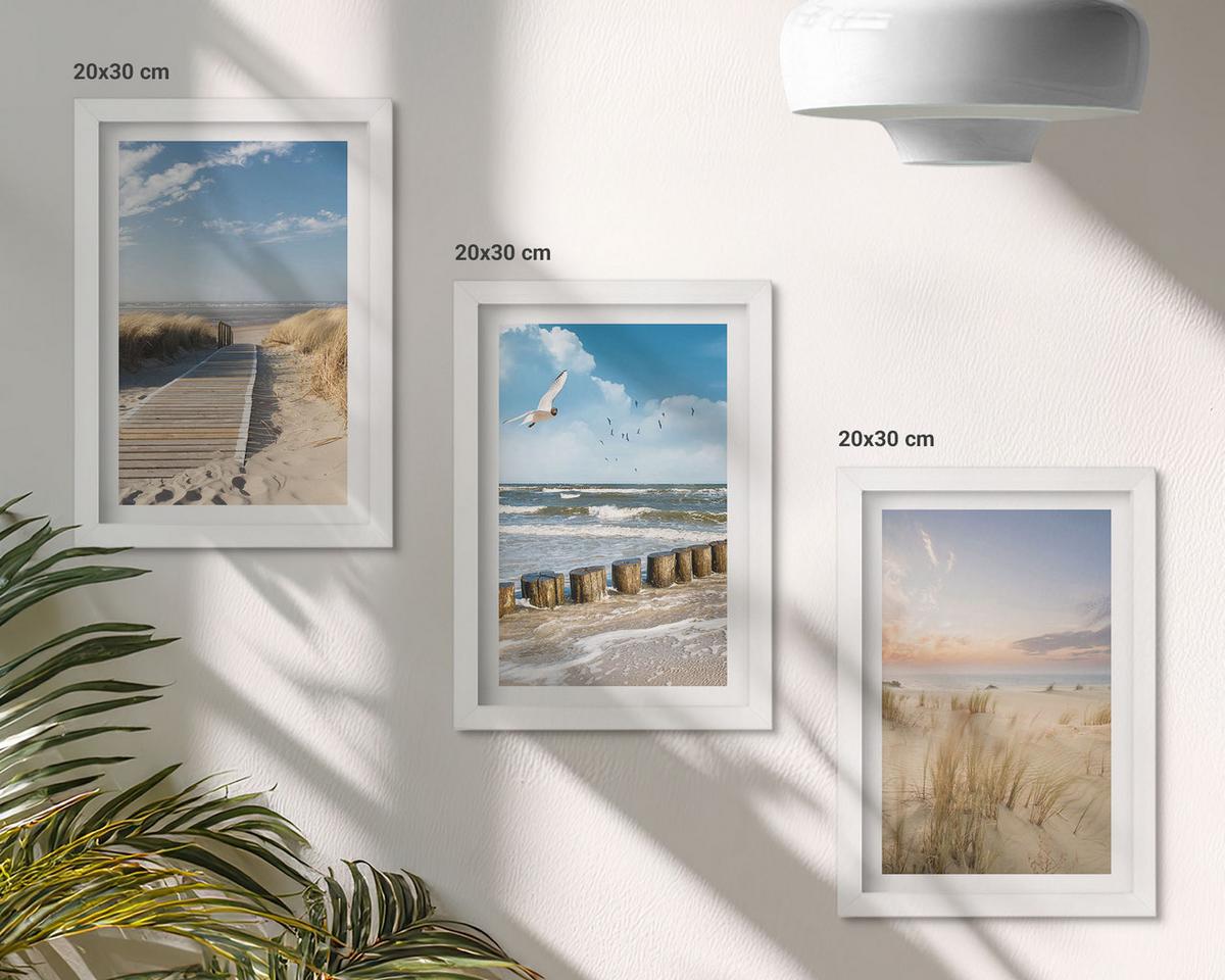 BILDER SET 3er Set - 20x30 cm Weißer Rahmen - Strand, Sand, Wellen, Himmel, Vögel - Weiß, Kunststoff (20/30cm) - TULUP