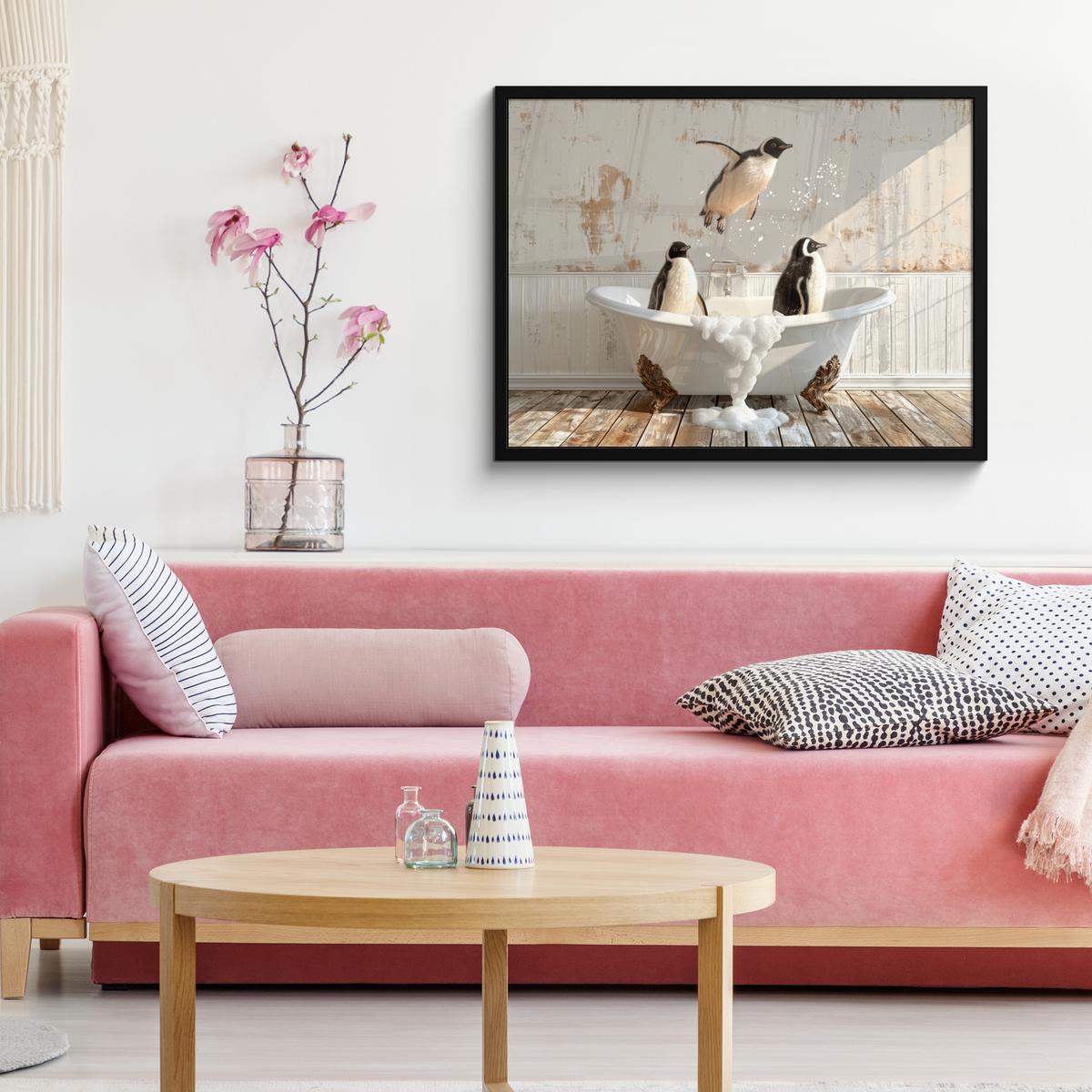 POSTER MIT RAHMENGERAHMTES BILD Vintage - Pinguin - Badewanne - Schaumstoff 80x60 cm - Schwarz, Papier (80/60cm) - MuchoWow
